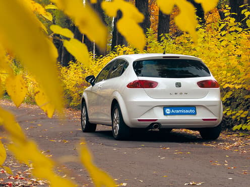 Une Seat blanche reprise par Aramisauto roule sur une route au milieu d'une forêt. La photo est prise à travers des feuilles d'arbre jaunes.