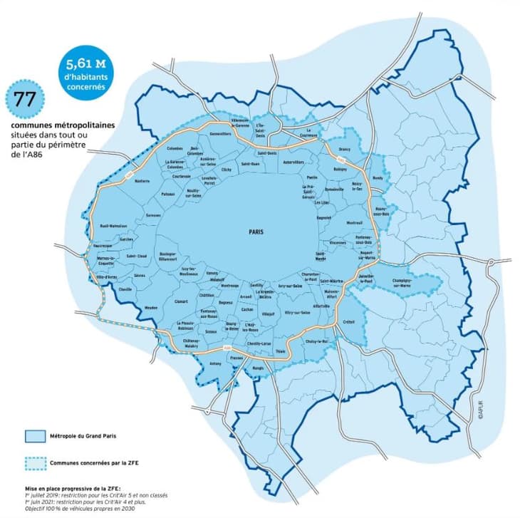 Zones concernées par les ZFE de la métropole du Grand Paris