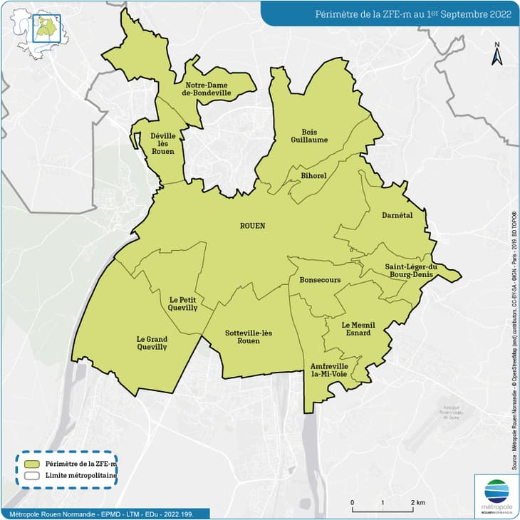 Zones concernées par les ZFE de la Métropole Rouen Normandie