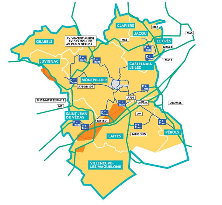 Zones concernées par les ZFE de la métropole de Montpellier Méditerranée